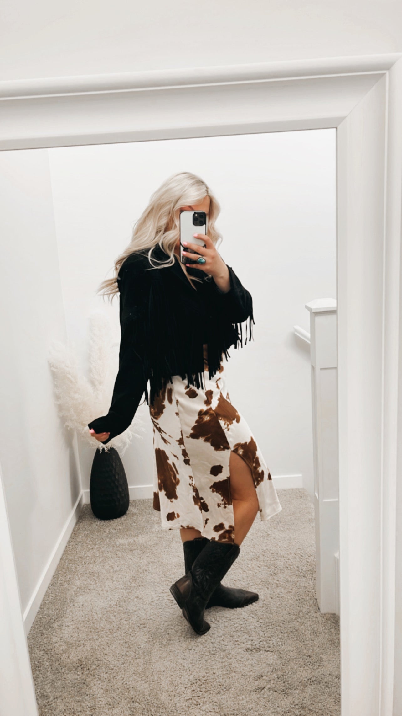 Cow Print Satin Midi Skirt